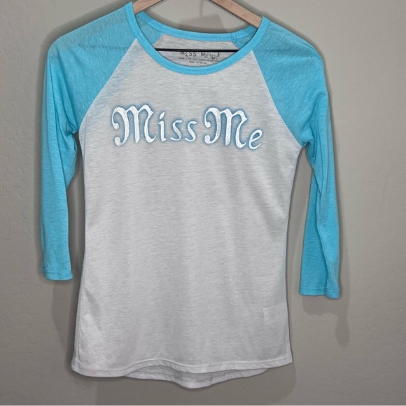 Vintage Miss Me Shirt Y2K Top Baseball Blue White Long Sleeve Tee Small Blouse - Picture 1 of 8